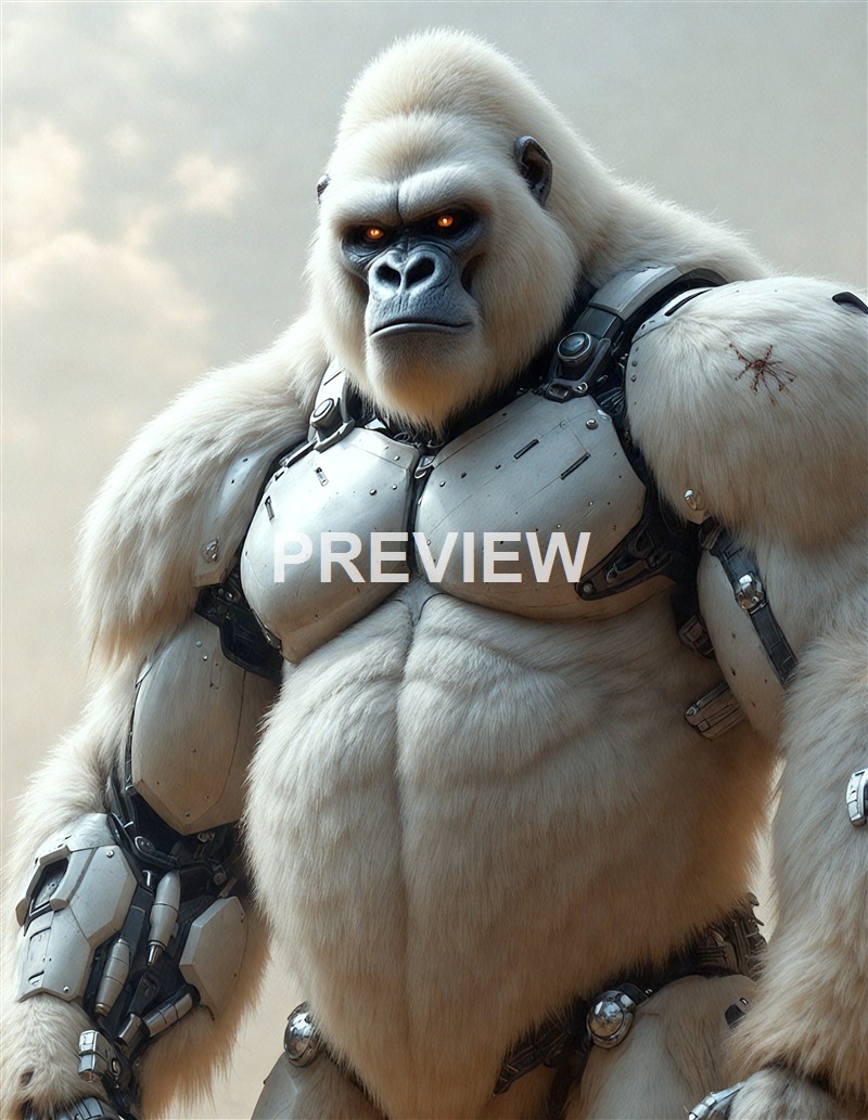 A humanoid gorilla with a muscular build, white fur, glowing eyes, and mechanical armor covering parts of its body, standing against a cloudy sky.